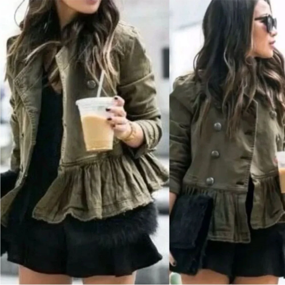 Free People | Women’s Olive Green Ruffle Hem Utility Jacket Button Accents Sz XS